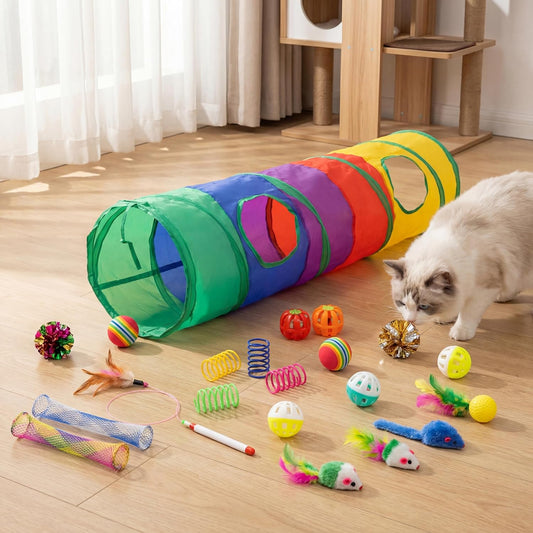 Cat Toys for Indoor Cats Interactive, 25 Assorted Cat Stuff Toys Pack Including Crinkle Tunnel Ball Wand Teaser Feather Mouse Mice Spring Assortment Kit for Cats Kittens Rabbits Puppies